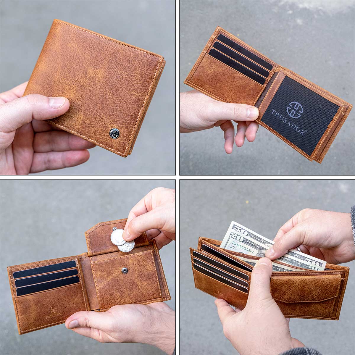 Coin Wallet, Leather Bi-fold Wallet with Coin Pouch