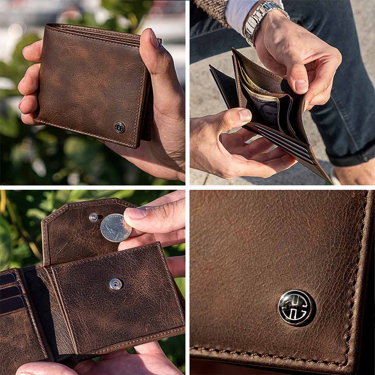 TRUSADOR Treviso Mens Wallets Bifold Leather with Coin Pocket RFID Blocking (Brown)